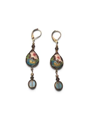 Cloisonné Teardrop Floral Dangle Earrings - Pink & Blue